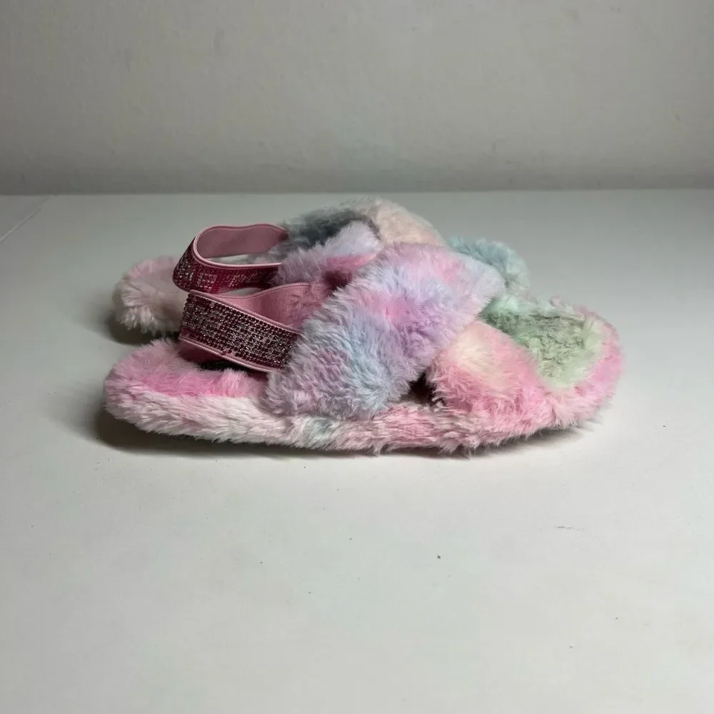 Bebe Girls Jeanna Faux Fur Open Toe Slingback Slippers Size XL 4/5